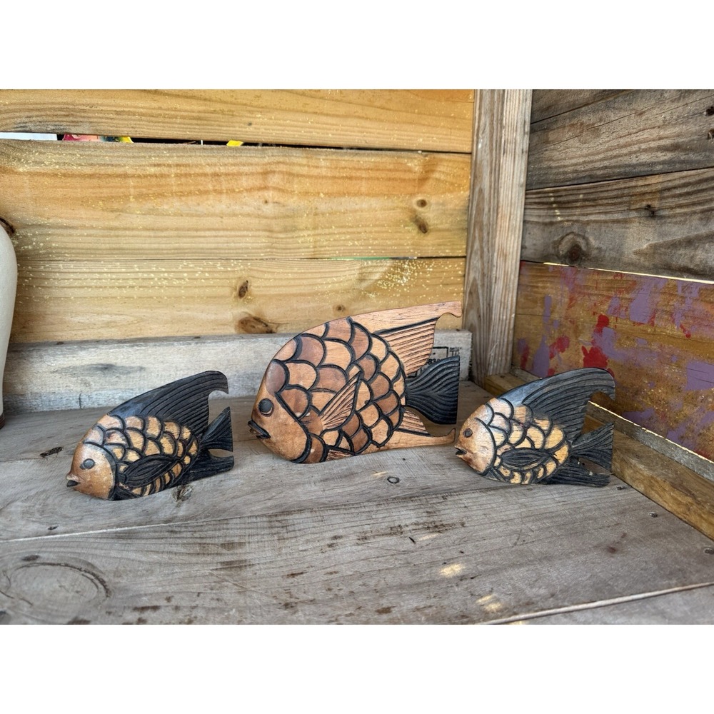 (3) Hand Carved Wood FISH SCULPTUREs‎ Statue Hand Carved Fish Folk Art